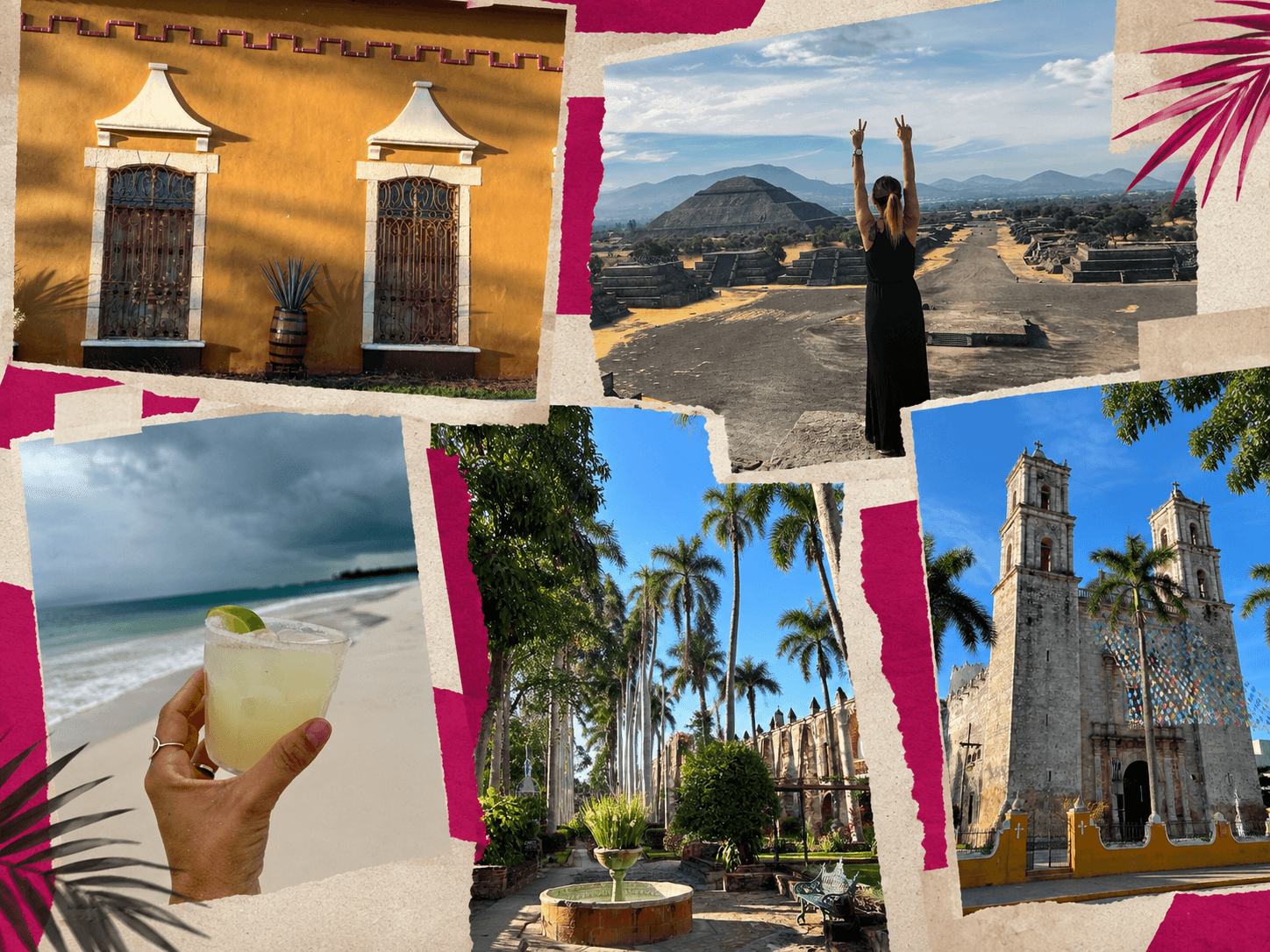 Koláž fotografií z Mexika: Teotihuacán, pláž, architektura a ulice Yucatánu