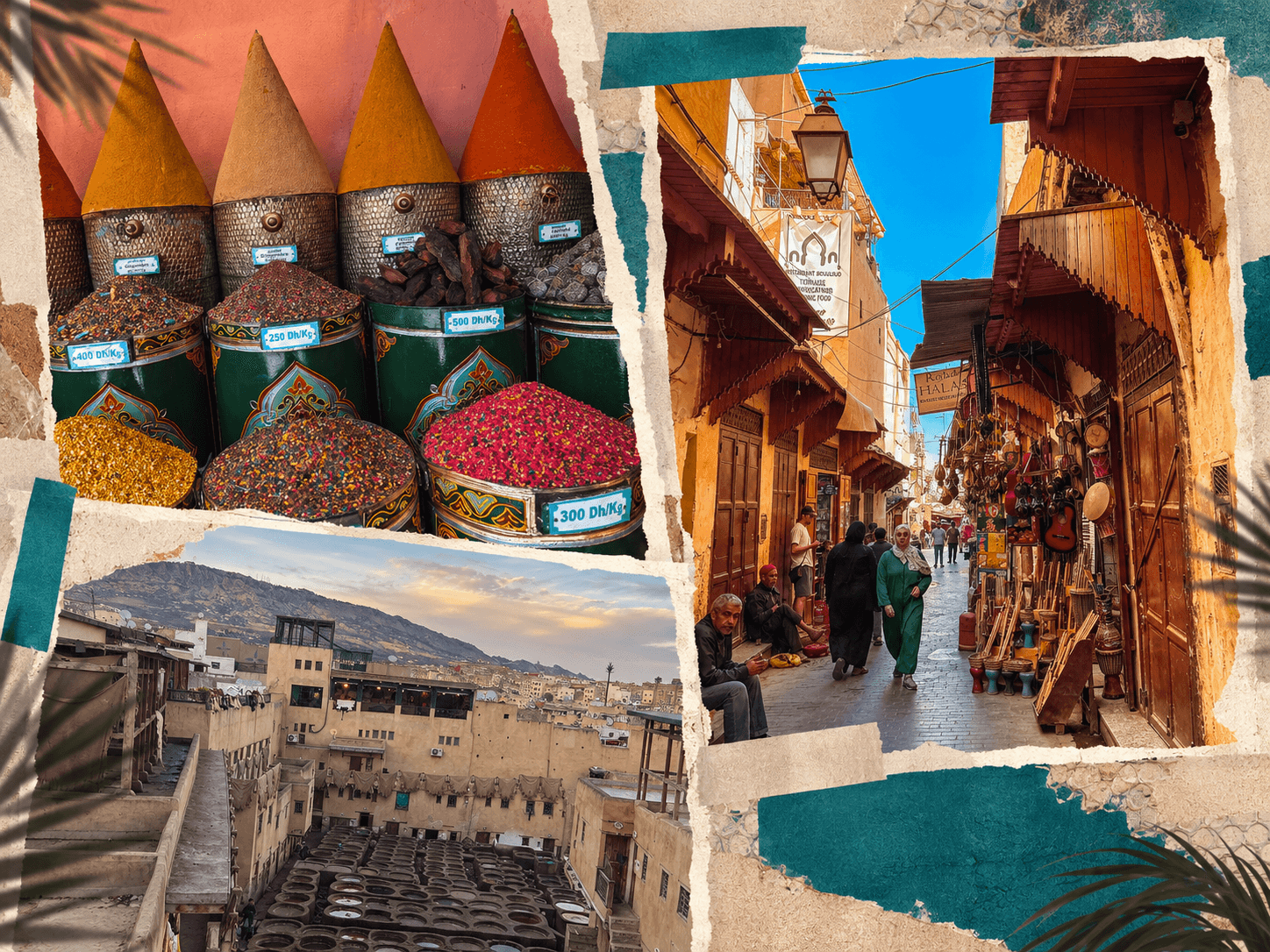 Koláž fotografií z Maroka: koření, medina a město Fès